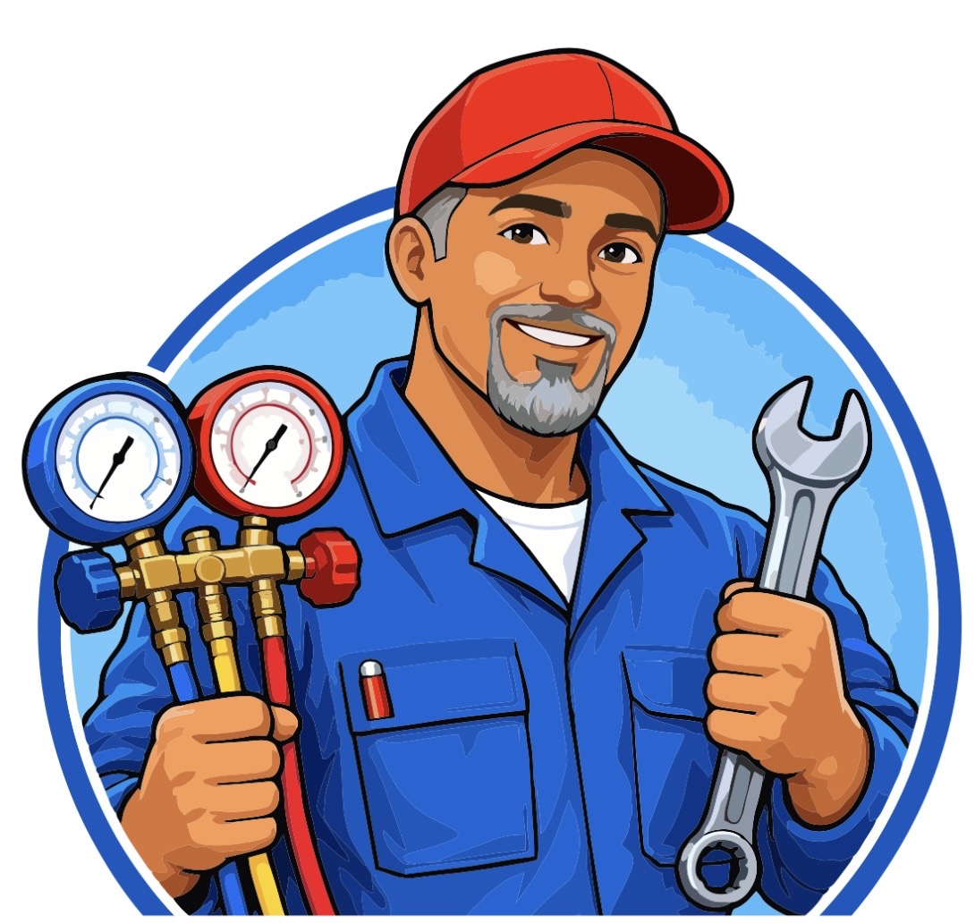Stay Cool engineer holding air conditioning gauges and a wrench